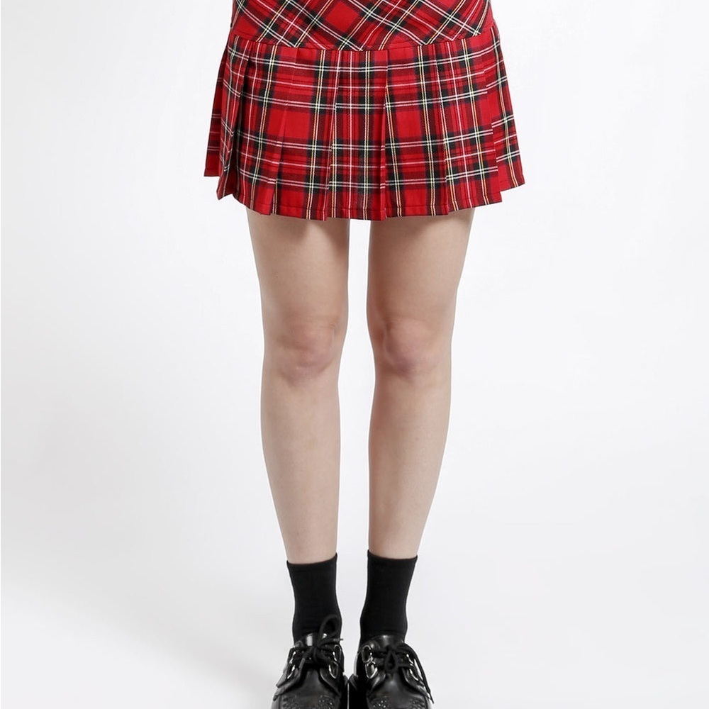 Royal Bones Y2K 90s Mini Pleated Red Tartan Plaid Skirt L Academia Punk Goth - Picture 5 of 14